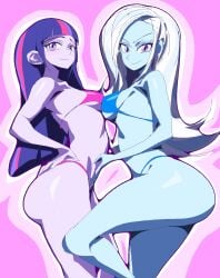 2girls anthropomorphization ass bangs bikini blue_bikini blue_hair blue_skin blush breast_press breasts closed_mouth clothing colored_skin equestria_girls female hand_on_hip large_breasts long_hair looking_at_viewer medium_breasts multicolored_hair multiple_girls my_little_pony my_little_pony:_equestria_girls my_little_pony:_friendship_is_magic navel pink_bikini pink_hair ponytail purple_eyes purple_hair siblings sideboob sisters smile swimsuit thighs thong_bikini trixie_(mlp) twilight_sparkle_(mlp) two-tone_hair underboob white_hair yev-san
