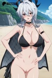 ai_fingers beachside bikini black_bikini cliffs hands_on_hips horns large_breasts mazstar nude_filter open_coat tagme white_hair wuthering_waves zani_(wuthering_waves)