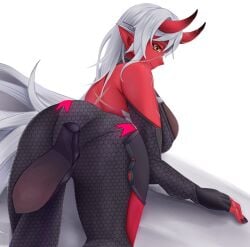 akumi ass bare_shoulders breasts demon demon_girl feet female fishnet_legwear fishnets from_behind hair_between_eyes horns large_breasts long_hair looking_at_viewer looking_back lying pointy_ears ponytail red_skin sideboob soles solo very_long_hair virtual_youtuber vyugen white_hair yellow_eyes
