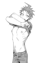 danganronpa danganronpa_2:_goodbye_despair hinata_hajime male male_focus male_only monochrome nipples pants puffy_nipples shirt shirt_lift shirt_up solo solo_focus solo_male stripping taking_clothes_off taking_off_shirt taking_shirt_off undressing uurin