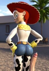 ai_generated big_penis braid clothed cowboy_hat disney erection green_eyes jeans jessie_(toy_story) penis pixar red_hair toy_story up_close