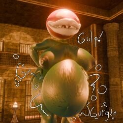 absurd_res anthro belly_grab breasts detailed_background duo elemental_creature elemental_humanoid female flora_fauna genitals gynomorph hi_res humanoid intersex intersex/female mario_bros nintendo onomatopoeia penis piranha_plant plant plant_humanoid rumbling_stomach sonlink sound_effects text vore