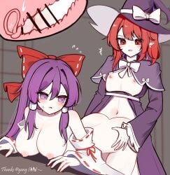 2girls absurdres bar_censor blush breasts breasts_out censored commentary_request cross_section detached_sleeves dress earrings flat_chest futanari hair_ribbon hair_tubes hakurei_reimu hakurei_reimu_(pc-98) hand_on_another's_waist hat hat_ribbon highres jewelry kirisame_marisa kirisame_marisa_(pc-98) large_breasts long_hair long_sleeves multiple_girls navel nipples open_mouth ovum penis pointy_ears purple_dress purple_eyes purple_hair red_eyes red_hair red_ribbon ribbon sex sex_from_behind shen_bi_ren_(user_rjgy2824) short_hair touhou touhou_(pc-98) vaginal_penetration white_ribbon wide_sleeves witch_hat
