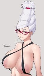 1girls ayase_seiko big_breasts breasts cigarette dandadan female female_only glasses huge_breasts large_breasts milf navel onomeshin smoking smoking_cigarette upper_body voluptuous