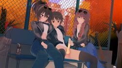 3d alternate_hairstyle anna_anon babes biker_girl biker_jacket braids brown_hair coral_brown_hair crop_top edit edited femc_(doki_doki_literature_club) green_eyes hot_babes jeans koikatsu looking_at_breasts looking_away mc_(doki_doki_literature_club!) monika_(doki_doki_literature_club) one_guy park park_bench public_handjob stroking_cock sunglasses_on_head twin_braids two_girls yellow_eyes
