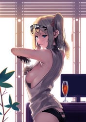 adjusting_clothes armpits ass ass_cleavage asymmetrical_hair asymmetrical_hairstyle backlighting blonde_hair blue_eyes blurry blurry_background blush breasts butt_crack exposed_shoulders eyebrows_visible_through_hair eyewear_on_head female girls'_frontline gloves hair_between_eyes hair_ornament hair_ribbon ihobus indoors kalina_(girls'_frontline) large_breasts lingerie long_hair looking_at_viewer megane no_bra one-side-up pantsu parted_lips ponytail posterior_cleavage red_ribbon ribbed_sweater ribbon screen side_ponytail sideboob silver_hair solo sunglasses sunglasses_on_head sunset sweater sweater_vest tied_hair turtleneck turtleneck_sweater underwear window window_blinds