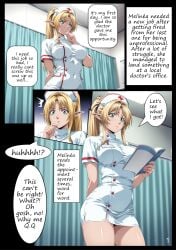 1girls 2025 ai_assisted ai_generated blonde_hair doctor doctors_office doujinshi elf female green_eyes kxy male manga manga_page nurse nurse_cap nurse_uniform original original_character ponytail upscaled