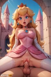 1boy 1boy1girl 1girls ai_generated artist_name bare_shoulders blonde_hair blue_eyes breasts choker clitoris clothed_sex cowgirl_position crown cum cum_in_pussy day dress earrings elbow_gloves gloves hi_res jewelry lips long_hair looking_at_viewer mario_(series) medium_breasts nintendo no_panties open_mouth patreon_username penis pink_dress princess_peach pussy reverse_cowgirl_position rule34lab sex sex_from_behind solo_focus sphere_earrings spread_legs straddling straight super_mario_bros. sweat testicles thighhighs tongue uncensored vaginal_penetration vaginal_penetration vaginal_sex white_gloves white_thighhighs