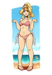 1boy 1girls beach bent_wrist bikini blonde_hair blue_eyes breasts cleavage crown curvy detailed_background earrings feet female female_focus full_body hips human jewelry legs long_hair looking_at_viewer male mario_(series) midriff navel nintendo open_toe_shoes outdoors pigeon-toed pink_bikini ponytail princess princess_peach ravenousruss sandals shiny_skin solo_focus standing sunglasses sunglasses_on_head swimsuit thick thick_thighs tied_hair toad_(mario) toes wide_hips