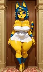 ai_generated animal_crossing ankha ankha_(animal_crossing) anthro big_breasts blue_hair breasts cat_ears cat_tail curvy_figure dress egyptian egyptian_clothes egyptian_female eyeshadow felid feline heels lipstick makeup pixai purple_eyes thick_lips thick_thighs wide_hips yellow_body yellow_fur