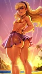 beach big_ass bikini blonde_hair bracelet child_(dc) dc dc_comics dcau female female_only flowing_hair golden_bikini hairband hand_on_hip long_hair looking_at_viewer lord_of_chaos red_eyes reliusmax see-through side_view sideboob skirt small_breasts smirking smug smug_face solo solo_female solo_focus sunset young_justice