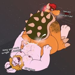2boys absurd_res anthro asgore_dreemurr bodily_fluids bovid bowser caprine dialogue duo furry furry_male furry_only gay gay_sex goat hi_res koopa lizard long_ears looking_back male male/male male_penetrated male_penetrating male_penetrating_male mammal mario_(series) nintendo nipples overweight overweight_anthro penetration penis penis_in_anus reptile scalie sex spikes sstinkies undertale_(series) white_fur