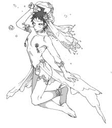 almost_naked blush bridal_lingerie danganronpa danganronpa_2:_goodbye_despair garter_belt hinata_hajime lingerie male male_focus male_only monochrome panties pasties solo solo_focus solo_male underwear uurin veil