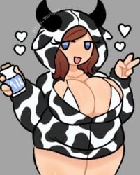 1female 1girls 2d 2d_(artwork) 2d_artwork artist_name big_breasts blue_eyes breasts breasts_bigger_than_head brown_hair brown_hair brown_hair_female brunette_female cow_ears cow_girl cow_hoodie cow_horns cow_print curvaceous curvy curvy_body curvy_female curvy_figure cute cute_face cute_girl eyelashes heart heart heart_symbol hearts_around_head hira.shotgun holding holding_milk holding_object huge_breasts large_breasts light-skinned_female light_skin peace_sign simple_background solo solo_female solo_focus standing thick_thighs thighs twitter_username unique_style v_sign voluptuous voluptuous_female white_bikini_top white_top white_topwear