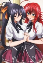 2girls ai_generated akeno_himejima antenna_hair big_ass_(female) big_breasts black_hair_female blue_green_eyes blushing_female breasts breasts_touching_each_other crimson_hair_female crossed_bangs curvy_females females_only hair_ribbon high_ponytail high_school_dxd holding_hands huge_ahoge indoors lesbian_couple lesbians light-skinned_female looking_at_another loose_hair muaver_ai open_mouth orange_ribbon rias_gremory schoolgirl_uniform schoolgirls smile symmetrical_docking very_long_hair_female very_long_ponytail violet_eyes voluptuous_female wide_hipped_female yuri