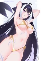 ahoge animal_ears arms_behind_head arms_up bikini black_hair body_markings breasts cat_ears cetacean_tail cowboy_shot dutch_angle facial_mark female fins fish_tail front-tie_bikini_top front-tie_top glint gold_bikini golden_week golden_week_bikini groin heart heart_ahoge highleg highleg_bikini highres indie_virtual_youtuber large_breasts long_hair metalkrot multicolored_hair navel orca_girl purple_eyes shylily side-tie_bikini_bottom simple_background solo streaked_hair swimsuit tail twitter_username very_long_hair virtual_youtuber white_hair