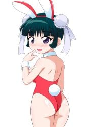 ass back_view beyblade beyblade_metal_fusion blush blush bunny_ears bunny_girl bunny_tail bunnysuit chinese_female helltzujih looking_at_viewer looking_back mei_mei_(beyblade) metal_fight_beyblade purple_eyes teal_hair