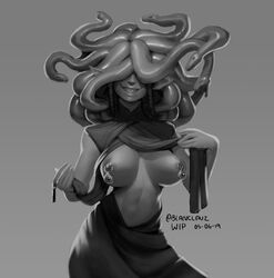 blanclauz breasts breasts_out european_mythology flashing greek_mythology grin hair_over_one_eye large_breasts medusa monochrome pierced_nipples presenting_breasts sharp_teeth simple_background snake_hair