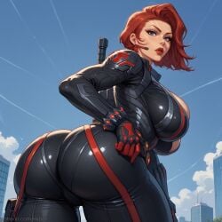 1girls ai_generated alternate_version_at_source ass ass_focus back_view big_breasts big_butt black_widow_(marvel) black_widow_(marvel_rivals) blue_eyes bodysuit breasts city_background female hypet light-skinned_female low-angle_view marvel marvel_rivals natasha_romanoff red_hair solo suit tagme thick thick_thighs thigh_highs thighhighs thighs video_game_character wide_hips