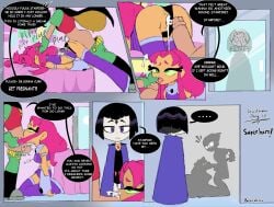 .... 1boy 2girls accurate_art_style baecohn bed big_balls black_hair blowjob caught caught_in_the_act clothed_sex comic dialogue dick_grayson doggy_style english_text face_down_ass_up face_fucking female female_focus female_penetrated finger_in_another's_mouth finger_in_mouth fucked_unconscious gloves green_eyes grey_skin hair_pull half-closed_eyes half-dressed hand_on_head interrupted light_skin male mask medium_breasts official_style panties_aside passed_out pink_hair plap pulling_hair raven_(dc) robin_(dc) side_view starfire straight tan_body teen_titans teen_titans_go text thumb_in_mouth