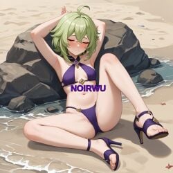 ai_generated arms_up beach bikini breasts collei_(genshin_impact) eyes_closed feet genshin_impact green_hair hair_between_eyes high_heels highres medium_hair noirwu purple_bikini purple_eyes purple_high_heels sleeping spread_legs toes