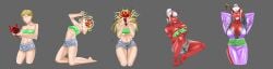 absurdres bare_shoulders before_and_after blonde_hair breast_expansion breasts cleavage corruption demon_girl evil_smile flat_chest glowing_eyes grey_background hand_on_head horns huge_breasts hypnotic_mask japanese_clothing jean_shorts kimono large_breasts mask ongcs123 oni_girl original ponytail possession red_skin seductive_smile shorts simple_background smile spiral thigh_gap transformation tube_top white_hair yellow_eyes