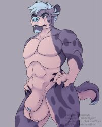animal_genitalia anthro balls big_balls big_sheath blue_eyes blue_nose fully_sheathed fur genitals grey_background hands_on_hips hi_res huge_balls huge_sheath hyena katthekitkat male mammal markings muscular muscular_anthro muscular_male nude_anthro nude_male purple_body purple_fur sheath simple_background solo spots spotted_body spotted_fur tan_body tan_fur