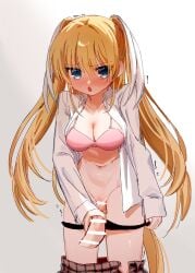1boy :o backlighting bar_censor black_panties blonde_hair blue_eyes blush bra breasts censored cleavage clothes_pull collared_shirt commentary_request cowboy_shot embarrassed eshiko eyes_visible_through_hair female grinding groin hair_between_eyes hair_ribbon handjob highres large_breasts leaning_forward little_busters! little_busters!_school_uniform long_hair long_ribbon looking_at_viewer navel nose_blush open_clothes open_mouth open_shirt panties panty_pull penis pink_bra plaid_clothes plaid_skirt pov pov_crotch pulling_own_clothes pussy ribbon school_uniform shirt sidelocks simple_background skirt skirt_pull sleeves_past_wrists solo_focus straight tokido_saya twitching two_side_up underwear very_long_hair white_background white_ribbon white_shirt