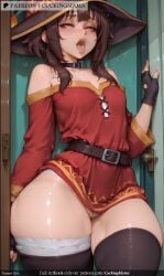 against_wall ai_generated bandaged_leg bandages bare_shoulders belt black_gloves black_hair black_legwear blush breasts brown_hair cape collar cuckingmama door dress female fingerless_gloves gloves hat indoors looking_at_viewer megumin open_mouth panties red_dress red_eyes short_hair short_hair_with_long_locks sidelocks single_thighhigh small_breasts solo tagme thighhighs thighs tongue tongue_out underwear white_panties witch_hat