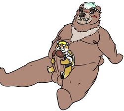 absurd_res anthro belly blush canid canine canis custardalvis domestic_dog duo facial_hair genitals goro_(live_a_hero) hi_res hug humanoid_genitalia humanoid_penis live-a-hero male male/male male_only mammal moobs moustache nipples oral penis penis_hug procy_(live_a_hero) size_difference slightly_chubby ursid yaoi