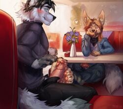 anthro bedroom_eyes big_ears black_hair black_nose blush bodily_fluids bottomwear canid canine canis claws clothed clothed_male clothing denim denim_bottomwear denim_clothing dripping duo erection feet fennec_fox flower fluffy fluffy_tail foot_fetish foot_play footjob fox fully_clothed fully_clothed_male furniture genital_fluids genitals hair heart_symbol hi_res humanoid_genitalia humanoid_penis inner_ear_fluff jacket jeans kerchief long_sleeves male male/male mammal mekaska narrowed_eyes neckerchief neckwear open_bottomwear open_clothing open_pants pants pawpads penis plant precum precum_drip public public_sex restaurant seductive sex shirt sitting smile table tail toe_claws topwear true_fox tuft vase wolf