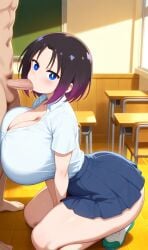 ai_generated black_hair blowjob blue_eyes elma_(dragon_maid) huge_breasts miss_kobayashi's_dragon_maid school_uniform thick_thighs two_tone_hair