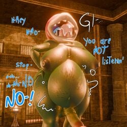 absurd_res anthro bodily_fluids breasts detailed_background dialogue duo elemental_creature elemental_humanoid fan_character female flora_fauna genitals gynomorph hi_res humanoid intersex intersex/female mario_bros nintendo onomatopoeia penis piranha_plant plant plant_humanoid rumbling_stomach saliva shyguy sonlink sound_effects text tongue vore