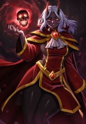 aura big_breasts breasts calamitas calamity_mod clothed clothing female goes_hard horn horns long_nails looking_at_viewer magic magical_girl rageman709 robe scar sideboob skull stockings terraria thick_thighs