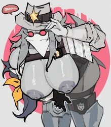 big_breasts big_nipples breasts breasts_out cowboy_hat female female_only googles huge_breasts madness_combat madupiyik muscular_female text white_hank