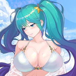 1girls alternate_costume arcade_series arcade_sona bikini_top blue_eyes blue_hair blush embarrassed female large_breasts league_of_legends long_hair sky solo sona_buvelle tagme