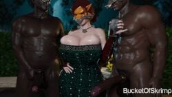 1girls 2boys 3d bimbo bucketofskrimp clothed_female_nude_male cock_ring dark-skinned_male dress fox_mask green_clothing green_dress light-skinned_female mask masked_female masked_male muscular_male necklace red_hair the_witcher_(series) triss_merigold wine_glass