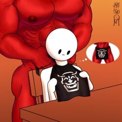 1:1 abs asian_mythology biceps big_muscles big_pecs bokken_(kyokudoni) circle_head demon duo east_asian_mythology hi_res humanoid japanese_mythology kyokudoni male male/male muscular muscular_male mythology nipples no_visible_genitalia not_furry nude oni pecs red_body red_skin size_difference toony toony_face yokai