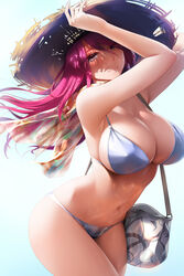 arms_up bag bangs bare_arms bare_shoulders bikini blue_background blue_bikini breasts cowboy_shot female female grey_eyes hair_between_eyes hand_on_headwear handbag hat large_breasts long_hair looking_at_viewer navel obaoba_(monkeyix) original pink_hair scarf smile solo standing stomach straw_hat swimsuit symbol_commentary thighs