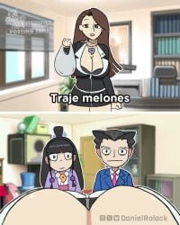 1boy 2girls brown_hair bursting_breasts cleavage comic female_pov funny gyakuten_saiban huge_breasts maya_fey melon mia_fey naruhodou_ryuuichi no_bra notes_translation o_o office office_lady shocked shopping_bag spanish_text translated