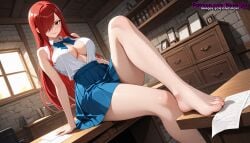 1girls ai_generated big_breasts blue_skirt breasts brown_eyes erza_scarlet fairy_tail feet female novajoi one_eye_covered patreon_username red_hair ribbon sitting_on_desk skirt toes