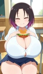 ai_generated black_hair blue_eyes elma_(dragon_maid) huge_breasts miss_kobayashi's_dragon_maid school_uniform thick_thighs two_tone_hair