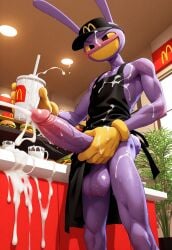 ai_generated anthro apron balls bara big_balls big_penis cum cum_in_cup ejaculation employee_uniform furry gay jax_(the_amazing_digital_circus) male male_only masturbation penis the_amazing_digital_circus uniform visor yaoi