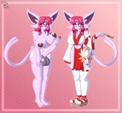 absurd_res anthro asian_clothing balls big_balls big_breasts big_penis blush breasts clothing dark_balls dark_nipples derthevaporeon east_asian_clothing eeveelution espeon footwear fuchsia_hair fur gem generation_2_pokemon genitals geta herm hi_res intersex inverted_nipples japanese_clothing mask nintendo nipples penis pink_body pink_fur pink_gem pokemon pokemon_(species) purple_eyes shrine_maiden sleeves smoking_pipe socks solo