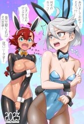 2girls blue_eyes breasts bunny_ears dark-skinned_female dark_skin female female_only gray_eyes grey_eyes gundam gundam_suisei_no_majo inazuma_(artist) japanese_text light-skinned_female light_skin miorine_rembran red_hair reverse_bunnysuit suletta_mercury text white_hair