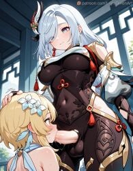 1futa 1girls ai_assisted ai_generated big_breasts big_penis blonde_hair blowjob breast_curtains breasts clothing domination female full-package_futanari futa_on_female futanari genshin_impact lightomen lumine_(genshin_impact) on_knees oral patreon sex shenhe_(genshin_impact) smile submissive_female sucking_penis white_hair