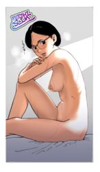 bedsheets black_hair female from_side futoshi_slim medium_breasts megane nude short_hair sideboob sitting solo