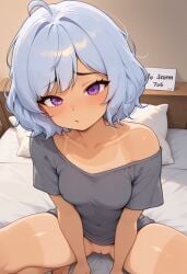above_view ai ai_generated anime anime_style cheek civitai cute cute_face eyes fear girlfriend gray_shirt káeli_xyovka_(character) kaybur_(series) kneeling kneeling_female kneeling_oral_position la_coroneta_(series) looking_at_viewer nervous nervous_female nervous_smile only_female open_legs panties panty pov pov_male purple purple_eyes purple_panties pussy shirt shirt_only short_hair short_hair_female shy shy_female sitting sitting_on_bed skyblue_hair small_breasts typh