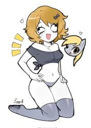 1girls :d anthro black_eyes black_shirt blonde_hair blush bow breasts brown_hair clothing colored_skin crop_top derpina derpy_hooves evygur0 female female genderswap_(mtf) grey_panties grey_skin grey_thighhighs hair hairbow hands_on_hips heart humanization kneeling legwear looking_at_viewer mammal medium_breasts midriff muffins_(mlp) navel off-shoulder_shirt off_shoulder open_mouth original panties pantsu rule_63 shirt short_hair smile solo standing thighhighs underwear white_skin