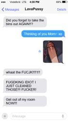 1boy 1girls bratty_mom_(uniimom) cum cum_on_panties dialogue dick_pic english_text light-skinned_male light_skin mother mother_and_son tagme text text_bubble uniimom